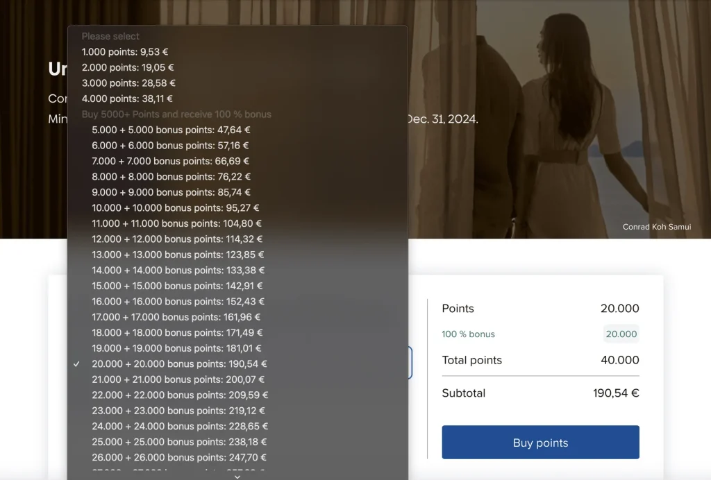 Hilton Honors Punkte kaufen – Übersicht der Preisstufen auf der offiziellen Webseite