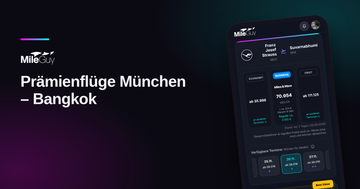 Suchergebnis der MileGuy Flugsuche für München nach Bangkok mit Meilenpreisen je Klasse