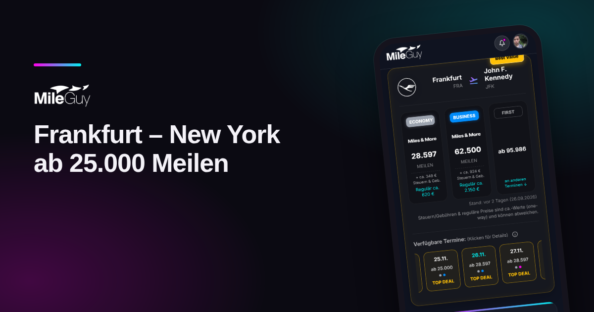 Suchergebnis der MileGuy Flugsuche für Frankfurt nach New York mit TOP-DEAL-Terminen ab 25.000 Meilen