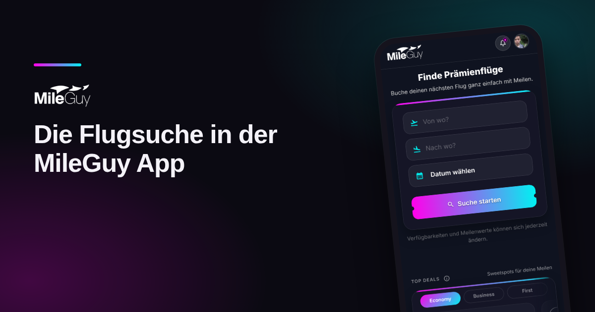 Suchmaske der MileGuy Flugsuche: Abflug, Ziel und Datum eingeben