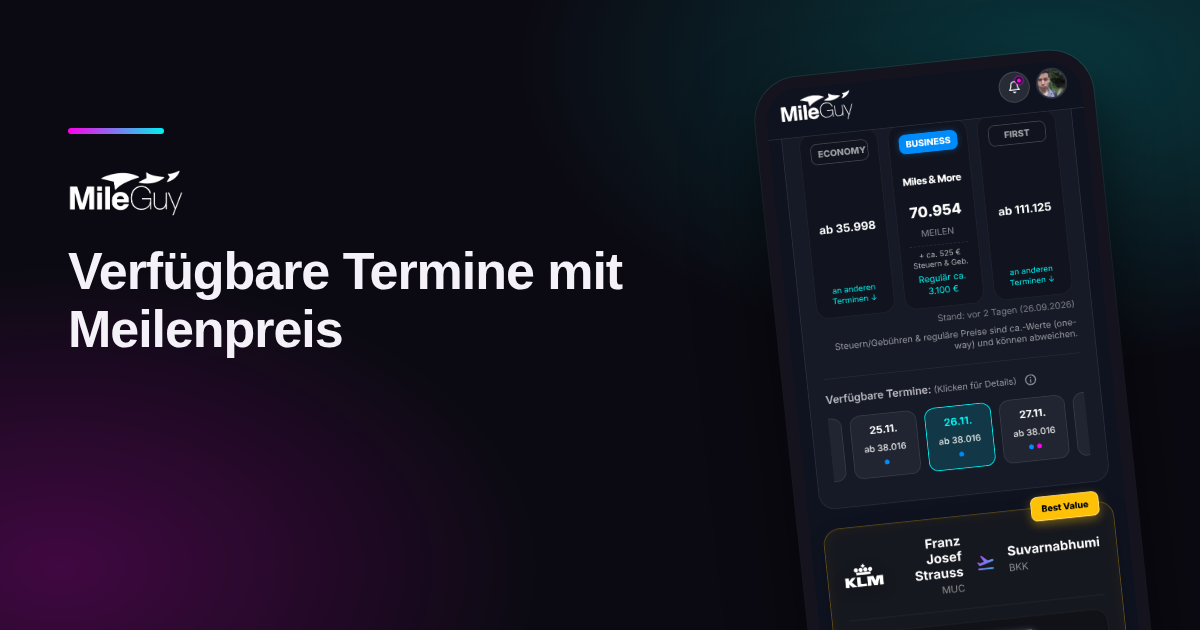 Terminleiste der MileGuy Flugsuche: verfügbare Tage mit Meilenpreis