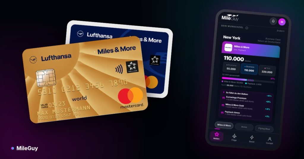 Miles & More Gold und Blue Credit Card neben der MileGuy-App mit Meilenstand