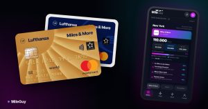 Miles & More Gold und Blue Credit Card neben der MileGuy-App mit Meilenstand