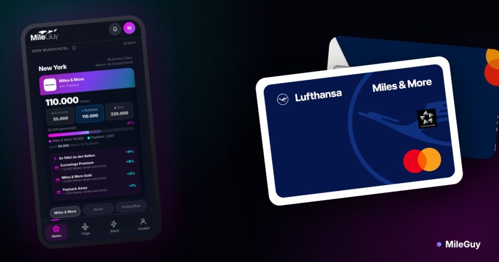 Miles & More Blue Credit Card und MyFlex-Karte neben der MileGuy-App